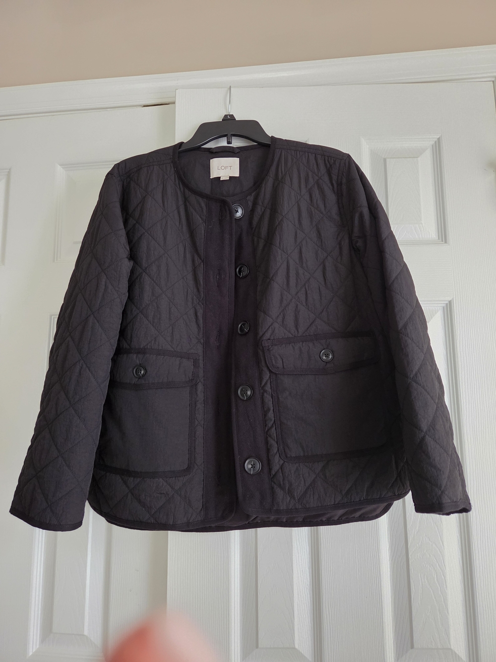 LOFT Quilted Black Button-Front Collarless Jacket
